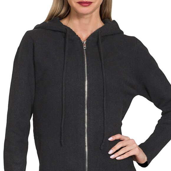 Zenana Drawstring Zip Up Hooded Cardigan - Picture 1 of 3